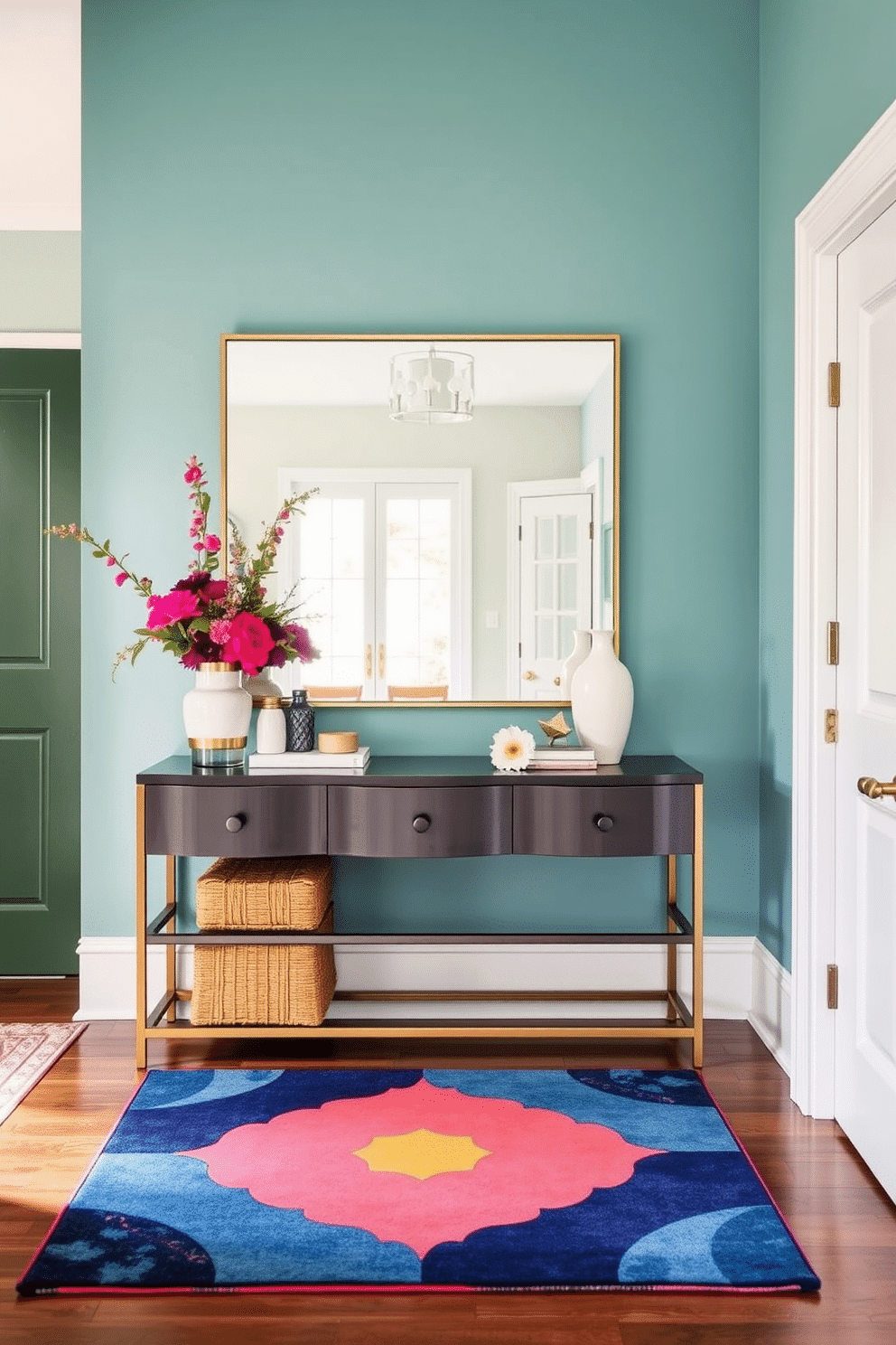 A vibrant entry mat in bold hues welcomes guests into a stylish townhouse entryway. The space features a sleek console table adorned with decorative items and a large mirror that reflects natural light, enhancing the cheerful atmosphere.