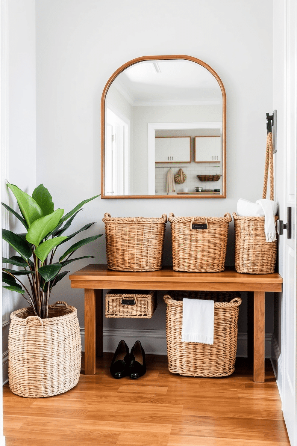 A stylish townhouse entryway features a series of woven baskets in varying sizes, neatly arranged on a wooden bench. The baskets, made from natural fibers, add a touch of warmth and texture while providing functional storage for shoes and accessories. The walls are painted in a soft, welcoming hue, complemented by a statement mirror above the bench that enhances the sense of space. A potted plant in the corner brings a hint of greenery, creating an inviting atmosphere for guests as they enter the home.