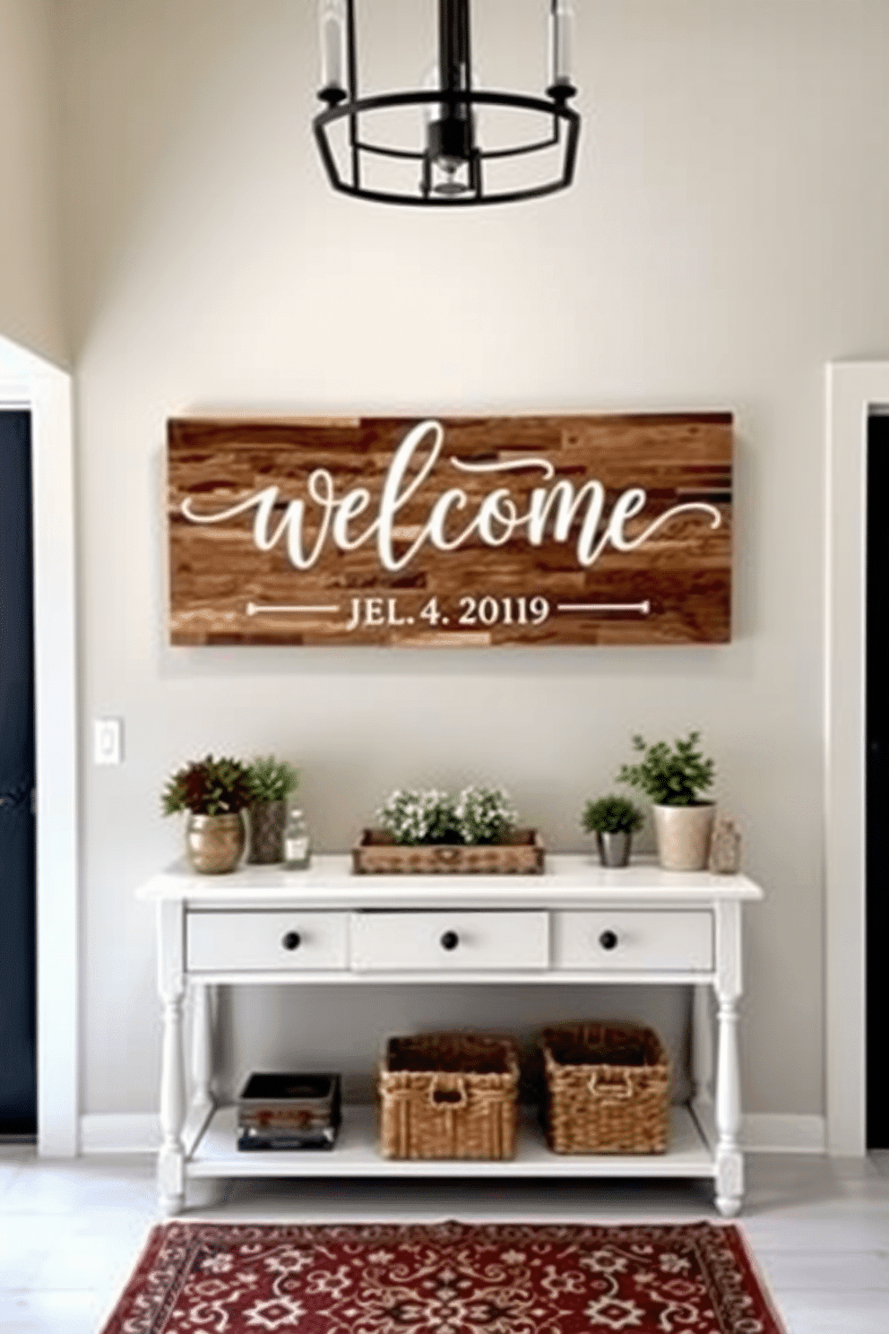 A charming entryway featuring a personalized welcome sign crafted from reclaimed wood, adorned with elegant calligraphy. The space is enhanced by a soft, neutral color palette with a stylish console table below the sign, complemented by decorative plants and a cozy runner rug.