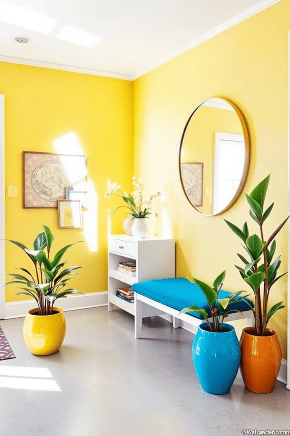 A bright and airy townhouse entryway featuring a vibrant yellow accent wall that reflects sunlight. The space includes a sleek white console table adorned with colorful artwork and a large round mirror that amplifies the natural light. A stylish bench with bright blue cushions sits against the wall, providing a pop of color and comfort. Potted plants in cheerful ceramic pots are strategically placed to bring life and freshness to the entryway.