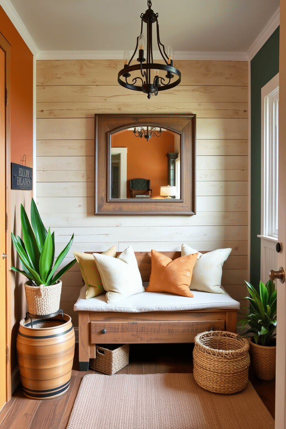 A welcoming townhouse entryway featuring rustic wood accents that add warmth and character. The space includes a reclaimed wood bench with plush cushions, surrounded by natural elements like potted plants and woven baskets. The walls are adorned with a mix of shiplap and warm-toned paint, creating a cozy atmosphere. A vintage-style mirror hangs above the bench, reflecting soft light from a wrought-iron chandelier above.