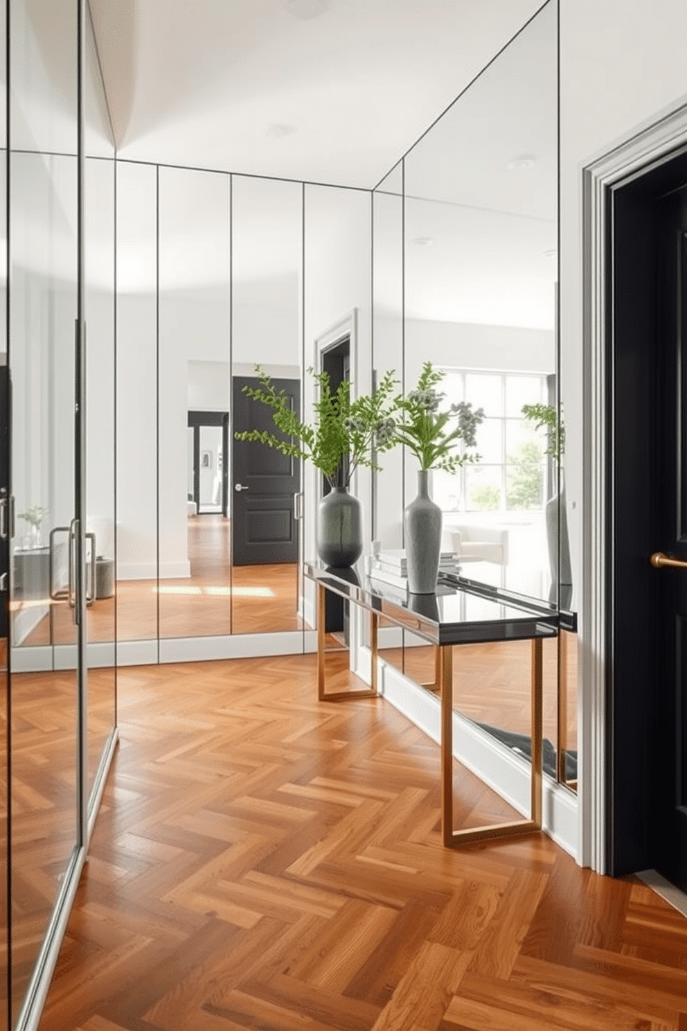 A stylish townhouse entryway featuring a mirrored wall that enhances the sense of space and light. The floor is adorned with elegant herringbone wood, while a sleek console table sits against the mirrored wall, topped with a chic vase and fresh greenery.