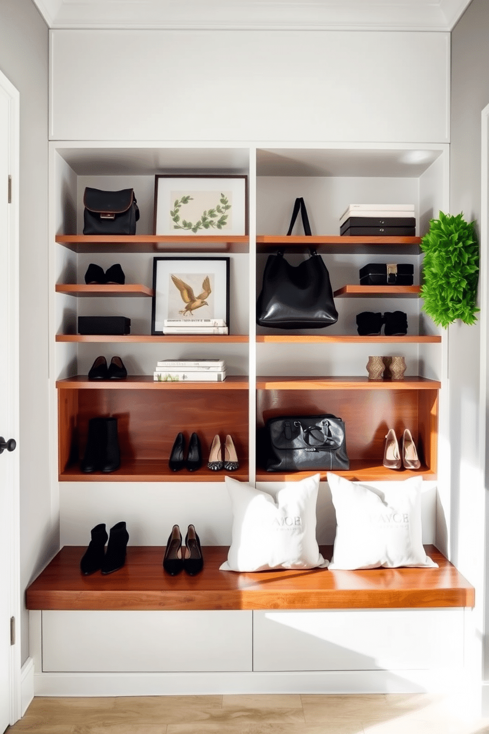 A stylish townhouse entryway features built-in shelves that provide organized storage for shoes, bags, and decorative items. The shelves are crafted from rich wood, complemented by a sleek bench below, adorned with plush cushions for added comfort.