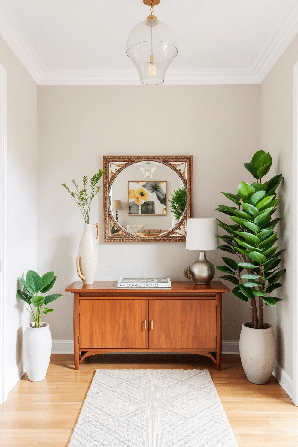 A stylish townhouse entryway featuring a warm wooden console table adorned with a decorative mirror above it. Flanking the table are potted plants in elegant ceramic pots, adding a vibrant touch of greenery to the space. The walls are painted in a soft, neutral tone, complemented by a chic runner rug that leads into the main living area. A pendant light hangs from the ceiling, casting a warm glow and enhancing the inviting atmosphere of the entryway.