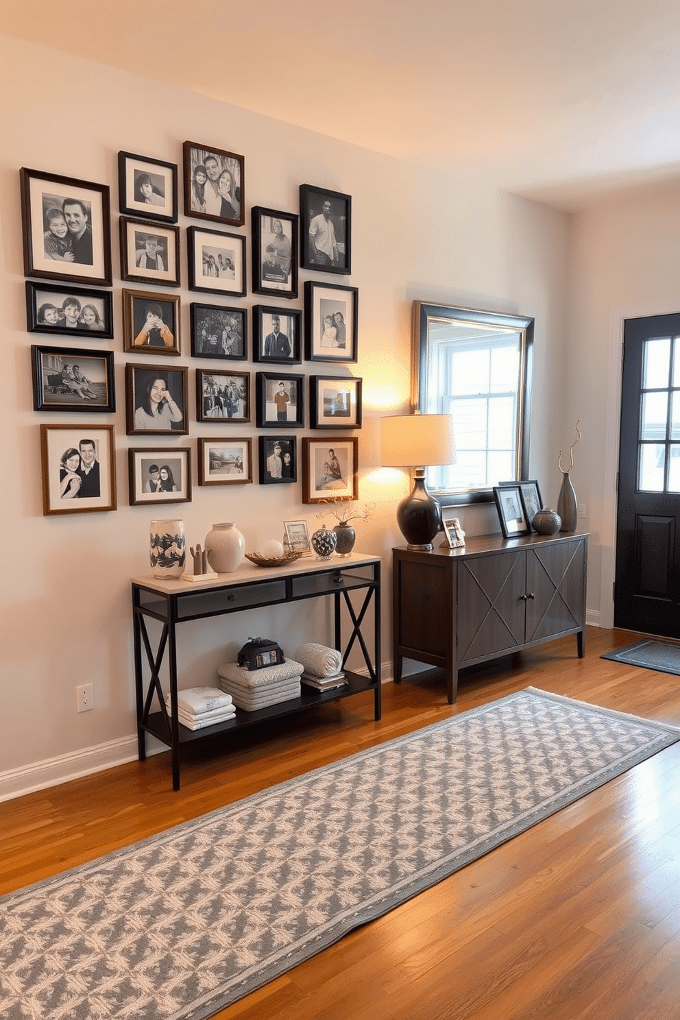 A gallery wall adorned with family photos creates a warm and inviting atmosphere. The frames vary in size and style, showcasing cherished memories against a soft, neutral backdrop. The townhouse entryway features a stylish console table with decorative objects and a large mirror above it. Warm lighting illuminates the space, while a patterned runner rug adds texture and color to the hardwood floor.