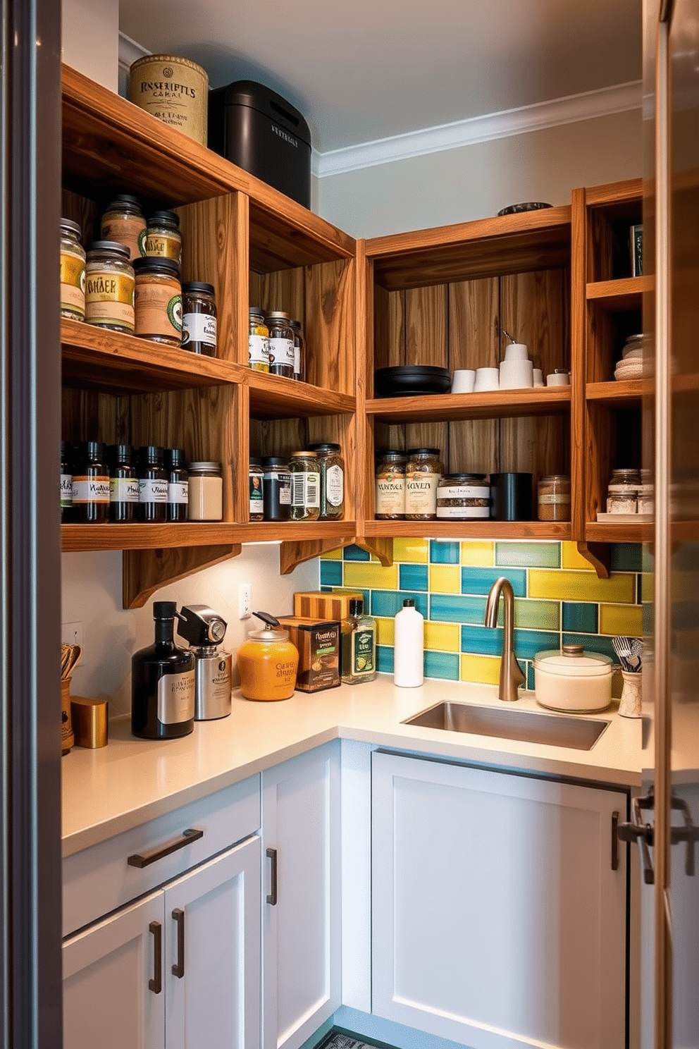 A stylish townhouse pantry featuring open shelving for easy access storage. The shelves are crafted from reclaimed wood, displaying neatly organized jars, spices, and kitchen essentials in a visually appealing manner. The pantry also includes a small countertop area for meal prep, complemented by a vibrant backsplash that adds a pop of color. Soft, ambient lighting illuminates the space, enhancing the warm and inviting atmosphere.