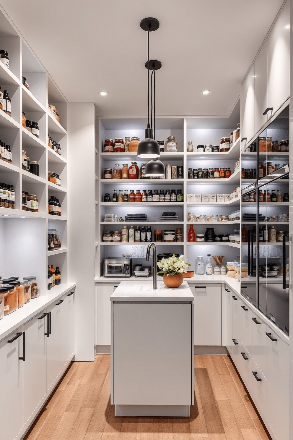 A modern townhouse pantry featuring integrated lighting that enhances the bright ambiance. Shelving is neatly organized with an array of spices, jars, and kitchen essentials, while recessed LED lights illuminate the space from above. The pantry's cabinetry is a sleek white with matte black hardware, providing a contemporary contrast. A small, elegant island in the center offers additional storage and workspace, accented by stylish pendant lights overhead.