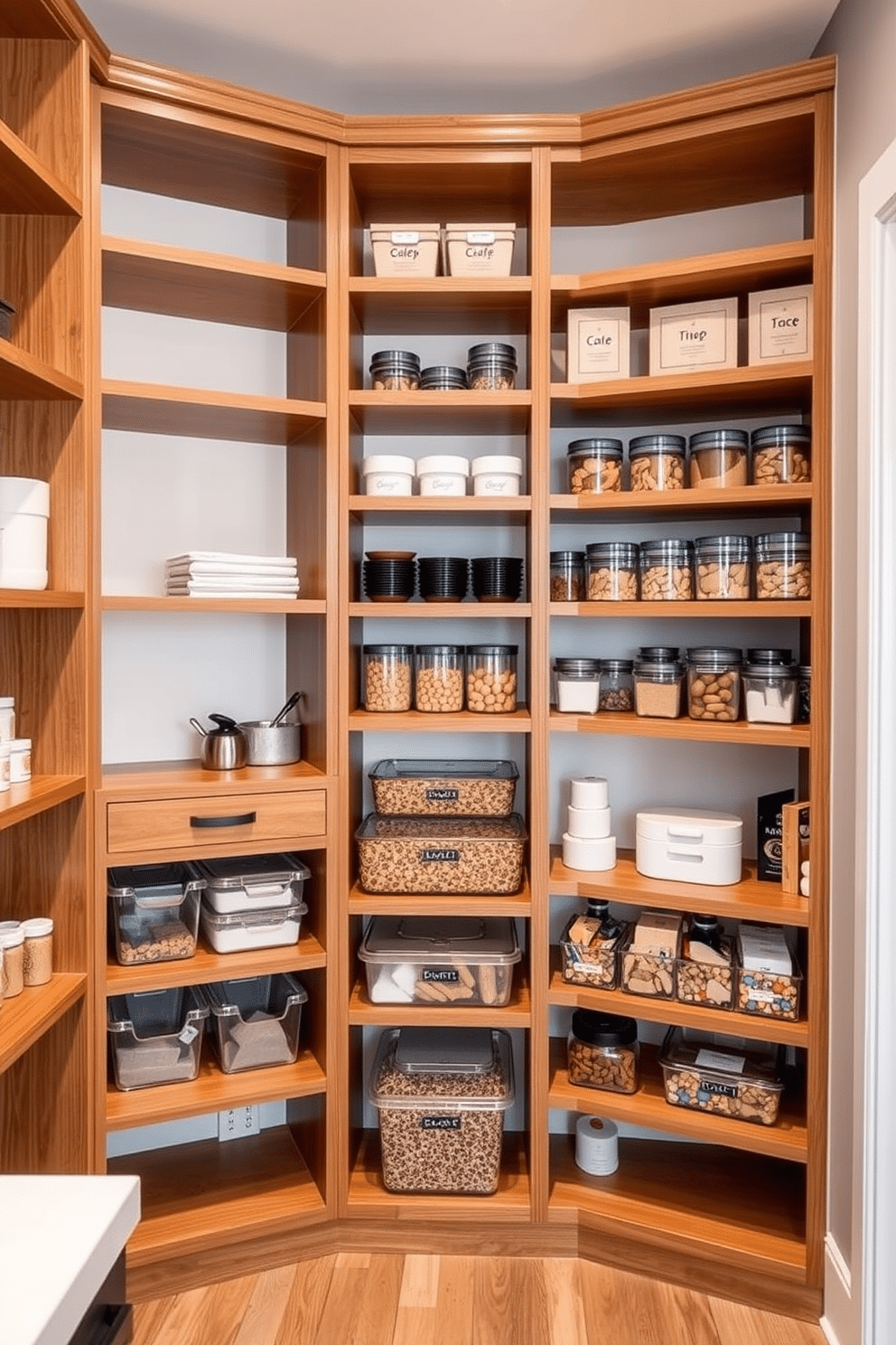 Corner shelving units for unused spaces. These units are designed to maximize storage while adding an aesthetic appeal, featuring a mix of open and closed shelving in a warm wood finish. Townhouse pantry design ideas. The pantry incorporates floor-to-ceiling shelving with a sleek, modern look, showcasing organized containers and a small countertop for meal prep, all in a bright, airy color palette.