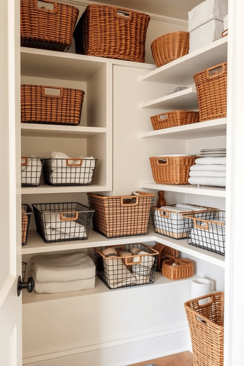 A cozy townhouse pantry features wire baskets arranged on open shelves, creating an inviting and casual atmosphere. The walls are painted in a soft cream color, while natural wood accents add warmth and charm to the space.