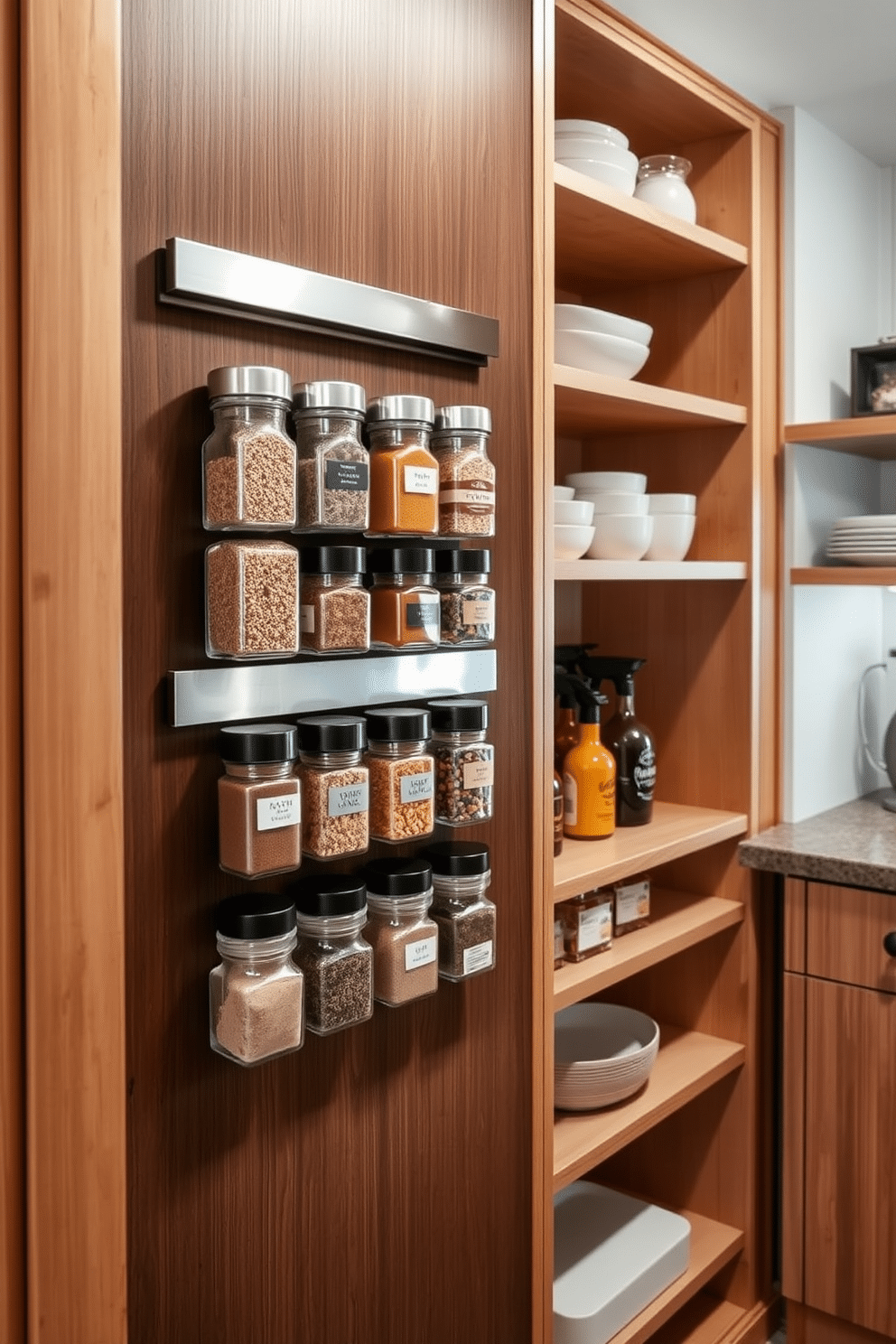 A modern townhouse pantry featuring magnetic spice jars neatly arranged on a sleek wall-mounted metal strip. The cabinetry is a mix of open shelves and closed storage, with warm wood tones complemented by soft, ambient lighting.