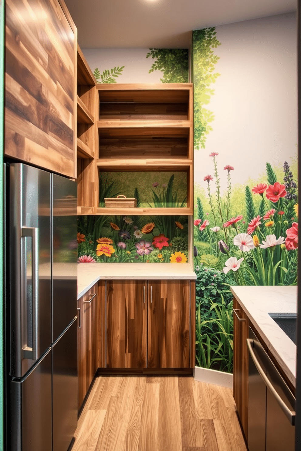 A vibrant mural depicting a lush garden scene adorns the pantry wall, creating a fresh and inviting atmosphere. The mural features colorful flowers and greenery, seamlessly blending with the modern shelving units made of reclaimed wood. Incorporated into the design are sleek, stainless steel appliances that complement the rustic charm of the space. Soft, warm lighting highlights the mural and enhances the cozy feel of the townhouse pantry.