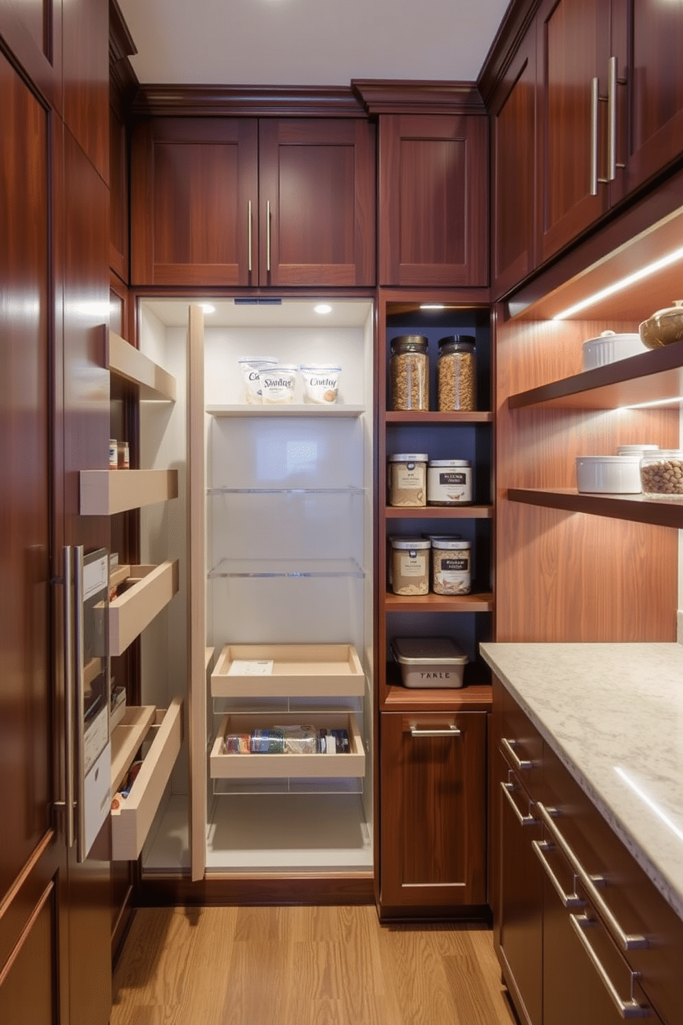 Custom cabinetry designed to seamlessly integrate with the overall kitchen style features rich wood finishes and sleek hardware. The pantry is spacious and organized, showcasing pull-out shelves and designated areas for dry goods, creating an efficient and aesthetically pleasing storage solution. The townhouse pantry boasts a combination of open shelving and closed cabinetry, allowing for both display and concealment of kitchen essentials. Soft ambient lighting highlights the elegant design while maintaining a functional and inviting atmosphere.