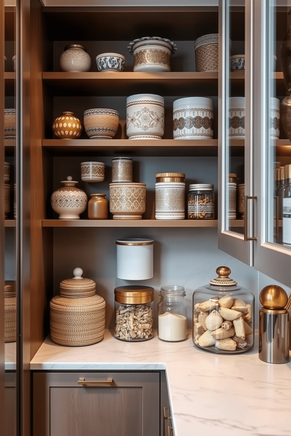 Decorative containers for stylish storage. Imagine a variety of beautifully crafted containers made from ceramic, glass, and woven materials, each with intricate designs and textures, arranged on open shelving in a well-organized pantry. Townhouse pantry design ideas. Visualize a modern townhouse pantry featuring sleek cabinetry with a mix of open and closed storage, complete with a marble countertop and a stylish backsplash, illuminated by warm, ambient lighting that highlights the decorative containers.