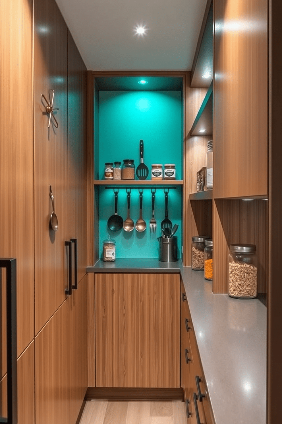 A stylish townhouse pantry featuring sleek cabinetry with a warm wood finish and open shelving for easy access to frequently used items. Hooks are installed on the walls for hanging utensils and tools, adding both functionality and a touch of rustic charm. The pantry is illuminated by soft, ambient lighting that highlights the organized layout. A small countertop area provides space for meal prep, complemented by decorative jars filled with spices and grains.