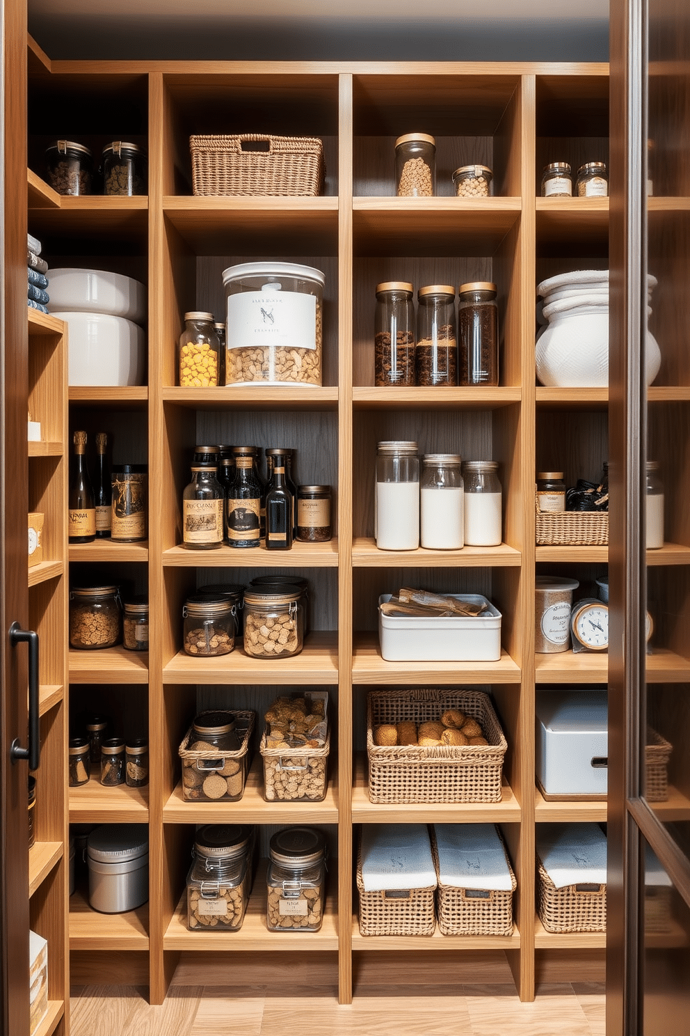 A stylish townhouse pantry featuring tiered storage solutions for easy visibility and access to all items. The shelves are crafted from natural wood, with a combination of open and closed storage, allowing for both aesthetic appeal and practicality.