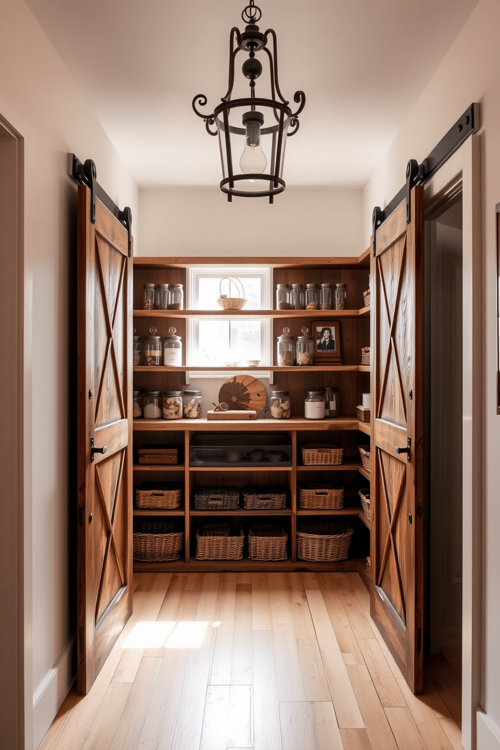 A cozy townhouse pantry with sliding barn doors that evoke rustic charm. The interior features open shelving made from reclaimed wood, neatly organized with glass jars and woven baskets for storage. The walls are painted in a soft, warm white, enhancing the natural light that floods the space. A vintage-style light fixture hangs from the ceiling, adding character and a touch of elegance to the inviting atmosphere.