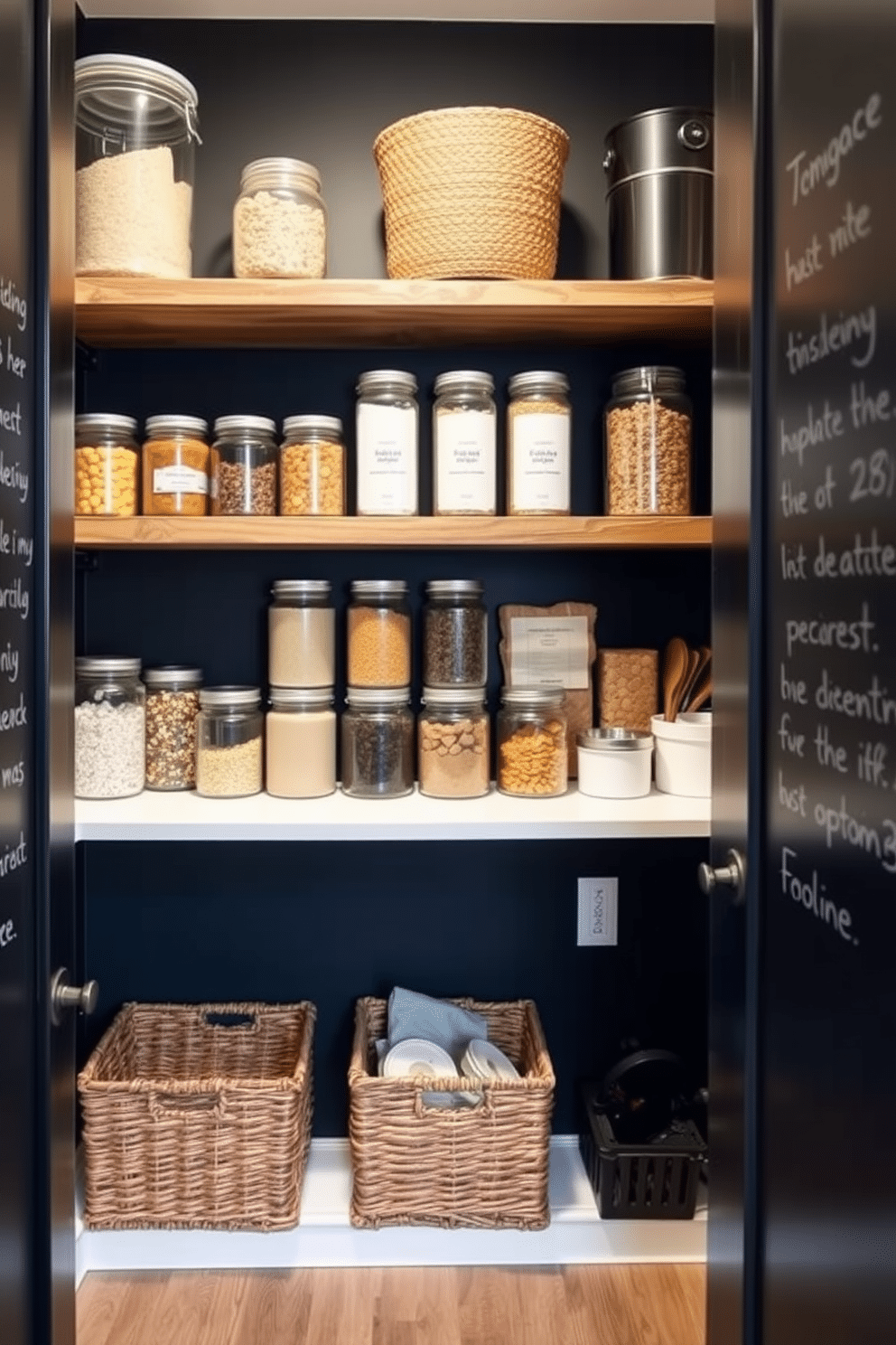 A modern townhouse pantry featuring chalkboard paint on the walls for easy labeling of items. The space includes open shelving made of reclaimed wood, neatly organized jars, and baskets for storage, creating a functional yet stylish environment.