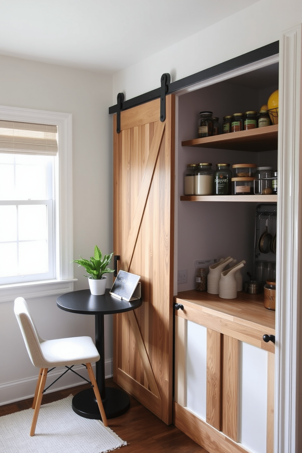 A small, stylish table for a cozy workspace is positioned by a window, allowing natural light to flood the area. The table is paired with a comfortable, upholstered chair, and a small potted plant adds a touch of greenery to the setting. The townhouse pantry features open shelving made of reclaimed wood, showcasing neatly arranged jars and kitchen essentials. A sliding barn door adds charm, while soft LED lighting illuminates the space, creating an inviting atmosphere.