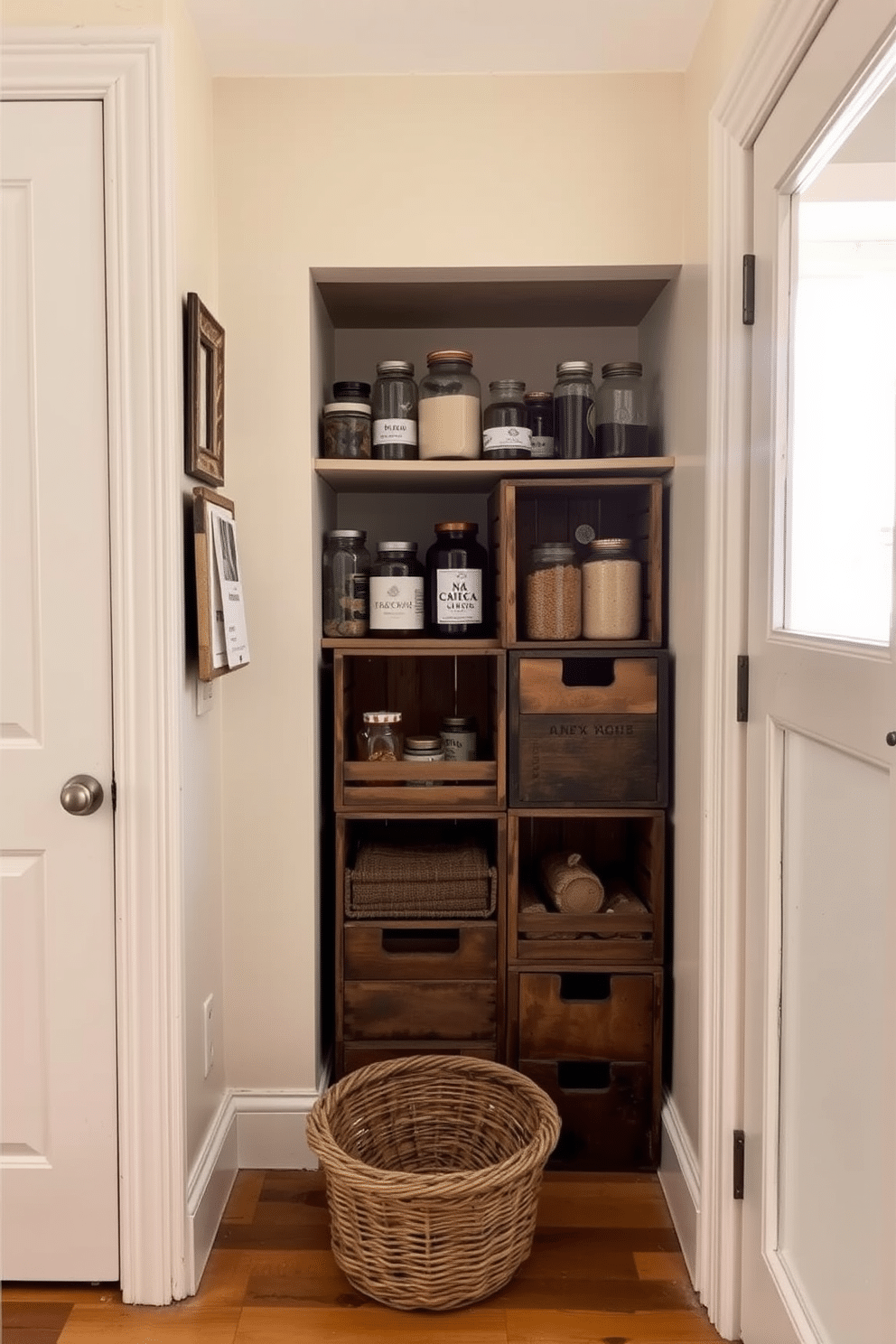 A cozy townhouse pantry featuring vintage wooden crates stacked for rustic storage solutions. The walls are painted in a soft cream color, and natural light filters through a small window, highlighting the warm tones of the crates. The pantry includes open shelving above the crates, adorned with glass jars filled with spices and dry goods. A woven basket sits on the floor, adding texture and functionality to the space while maintaining an inviting atmosphere.