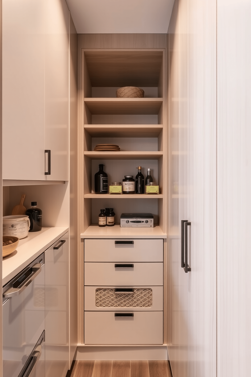 A modern townhouse pantry featuring hidden compartments for secret storage. The design incorporates sleek cabinetry with push-to-open mechanisms, allowing for a clean and uncluttered look while maximizing space efficiency. The pantry walls are adorned with light wood paneling, creating a warm and inviting atmosphere. A combination of open shelves and concealed cabinets provides both accessibility and discreet storage for kitchen essentials and gourmet ingredients.