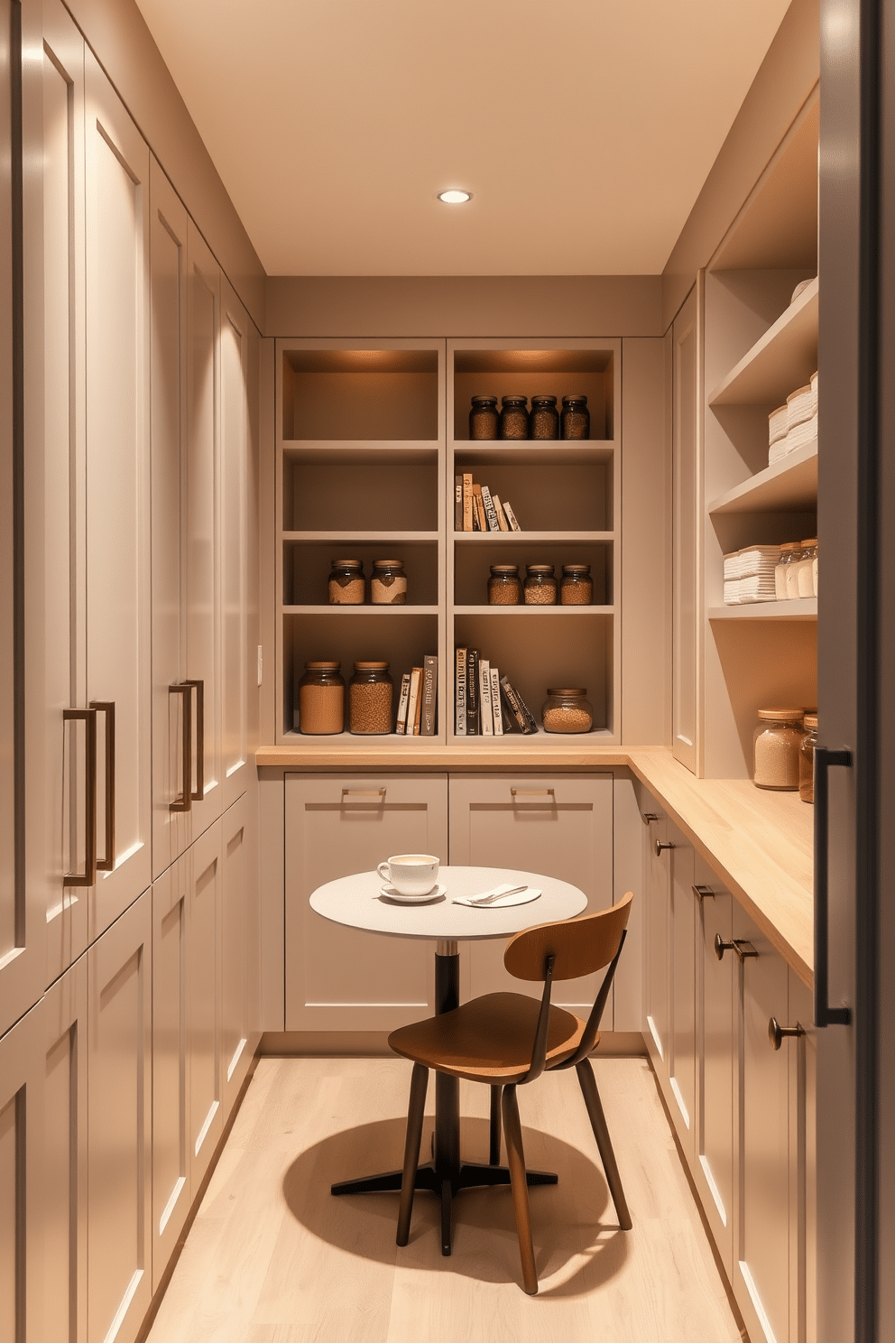 A modern townhouse pantry designed with a neutral color palette to create a calming effect. The cabinetry features soft beige tones with minimalist hardware, complemented by a light wood countertop and subtle open shelving displaying neatly organized jars and cookbooks. The pantry is illuminated by warm, recessed lighting that enhances the serene atmosphere. A small, round table with two chairs sits in the corner, inviting a cozy space for morning coffee or casual meals.