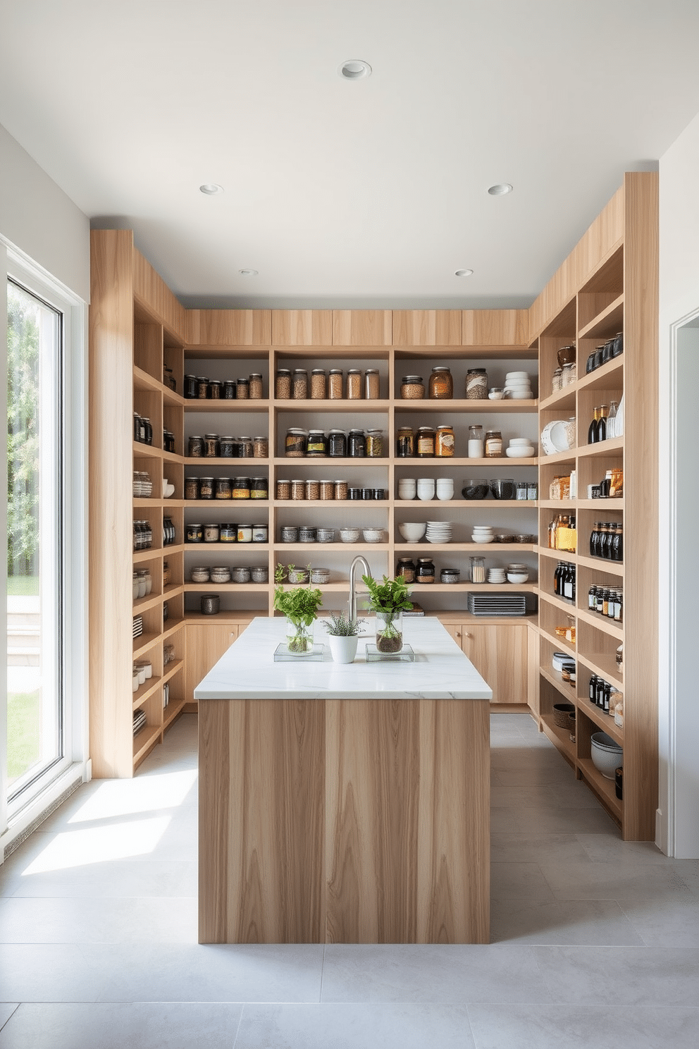 An open concept pantry designed for an airy feel features floor-to-ceiling shelving made of light wood, showcasing neatly organized jars and containers. Large windows allow natural light to flood the space, complemented by soft white walls and a light gray tile floor that enhances the openness. The pantry includes a central island with a marble countertop, perfect for meal prep and additional storage. Accents of greenery, such as potted herbs, are placed on the shelves, adding a touch of freshness and life to the design.