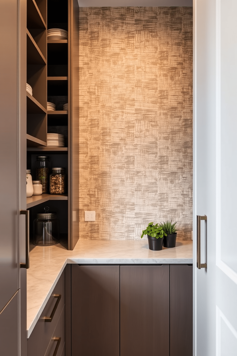 A contemporary townhouse pantry featuring textured wallpaper that adds depth and interest to the space. The cabinetry is sleek and modern, with a mix of open shelving and closed storage, showcasing a harmonious blend of functionality and style. The pantry includes a small countertop area for meal prep, adorned with decorative jars and fresh herbs in pots. Soft lighting highlights the textured wallpaper, creating a warm and inviting atmosphere perfect for culinary creativity.