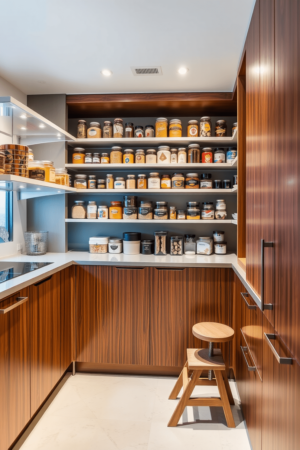 A modern townhouse pantry featuring adjustable shelves that provide versatile storage solutions. The shelves are filled with neatly organized jars and containers, showcasing a variety of dry goods and spices. The pantry is illuminated by warm lighting, highlighting the rich wooden cabinetry and sleek countertops. A small, stylish step stool is placed nearby for easy access to the upper shelves, enhancing both functionality and design.