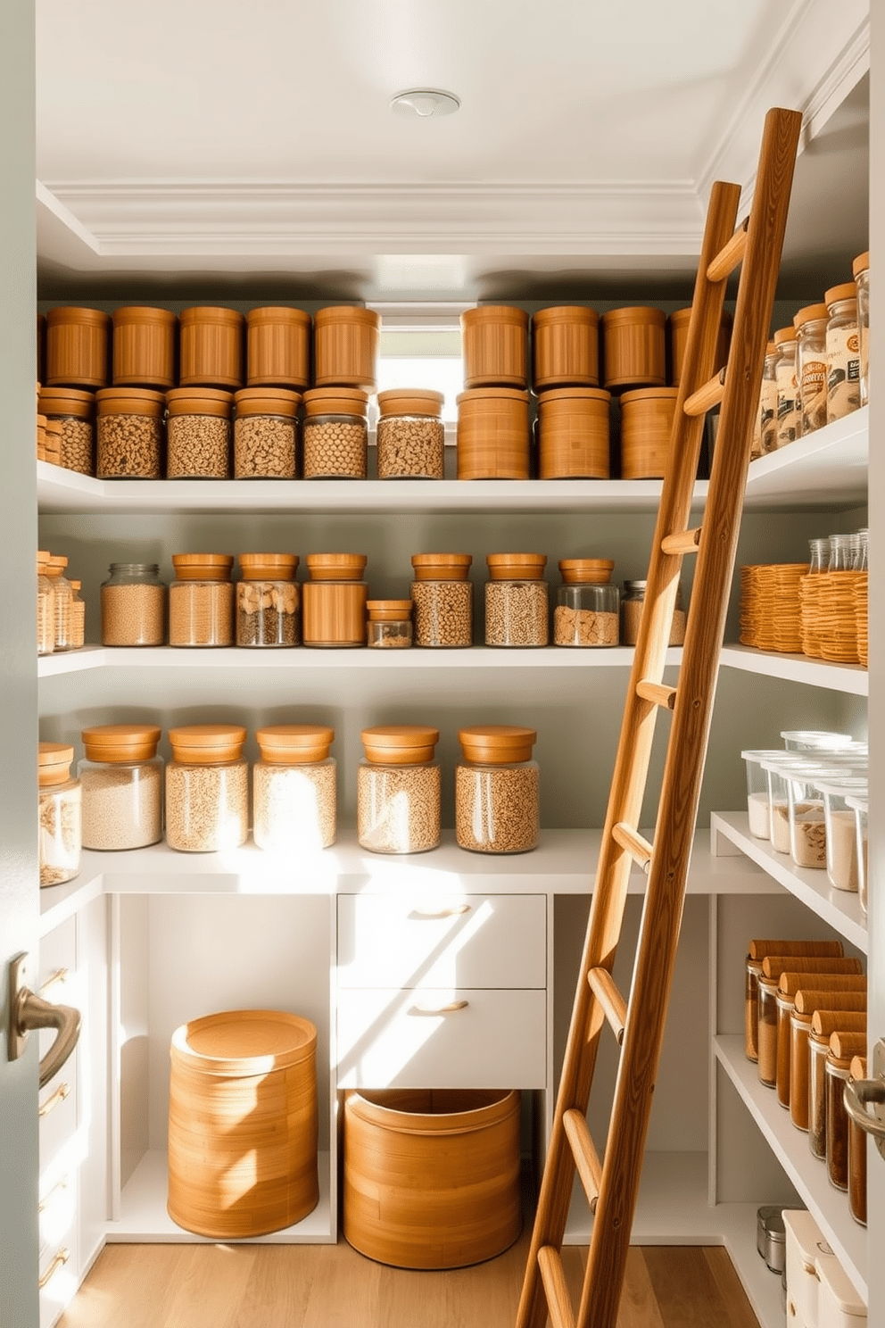 A modern townhouse pantry featuring bamboo organizers for an eco-friendly design. The space is bright and airy, with shelves lined with neatly arranged bamboo containers, showcasing a variety of grains and spices. Natural light streams in through a small window, highlighting the warm tones of the bamboo and the soft green walls. A stylish wooden ladder leans against the shelves, adding a touch of rustic charm to the contemporary design.