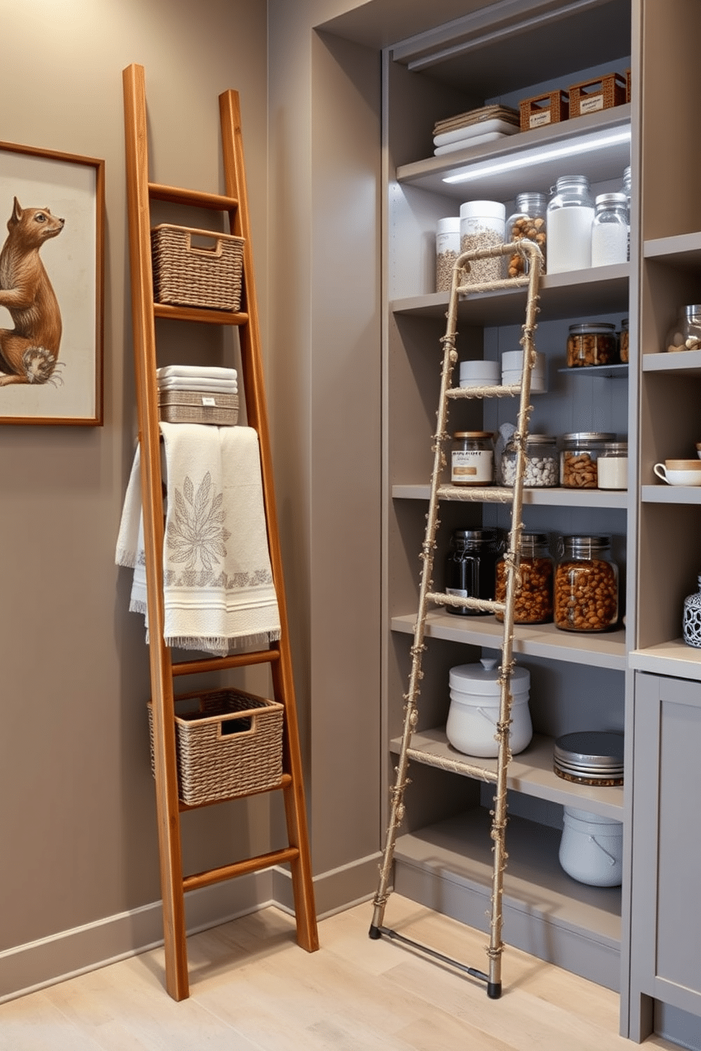 A decorative ladder is leaning against the wall, showcasing neatly folded towels and decorative baskets for stylish storage. The ladder's wooden finish complements the warm tones of the surrounding decor, adding both functionality and aesthetic appeal. The pantry features sleek, open shelving that maximizes space, with a decorative ladder providing easy access to higher shelves. Soft, ambient lighting highlights the organized jars and containers, creating an inviting atmosphere for meal prep and storage.