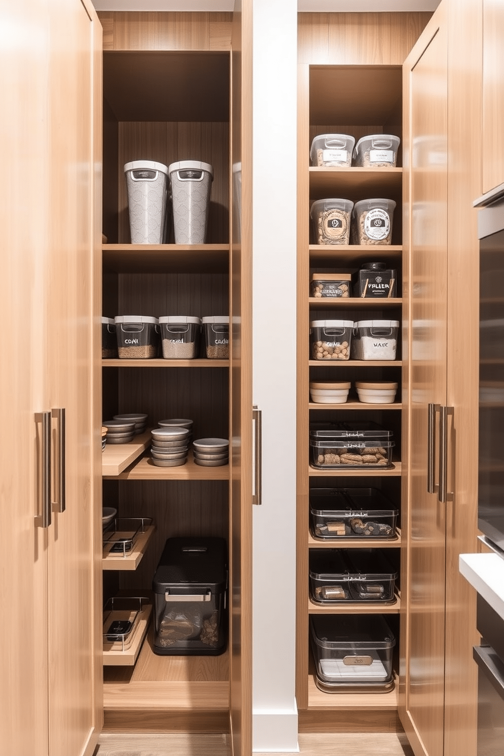 A stylish townhouse pantry featuring tall cabinets that maximize vertical space, providing ample storage for kitchen essentials. The cabinets are crafted from light wood with sleek, modern handles, and the interior is organized with pull-out shelves and clear containers for easy access.