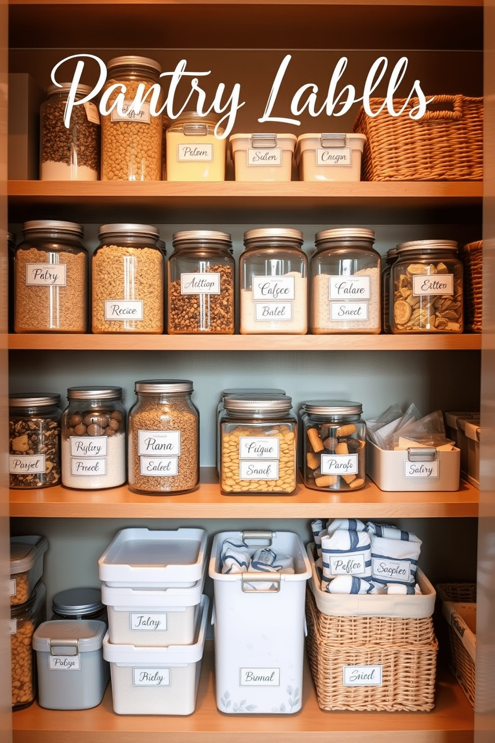 Personalized pantry labels featuring a mix of elegant script and modern typography, designed to enhance organization and aesthetic appeal. The labels are displayed on clear glass jars filled with various pantry staples, creating a visually pleasing and functional storage solution. A townhouse pantry with open shelving, showcasing neatly arranged labeled containers and baskets in a cohesive color palette. The space is illuminated by warm, ambient lighting, highlighting the organized layout and inviting atmosphere.