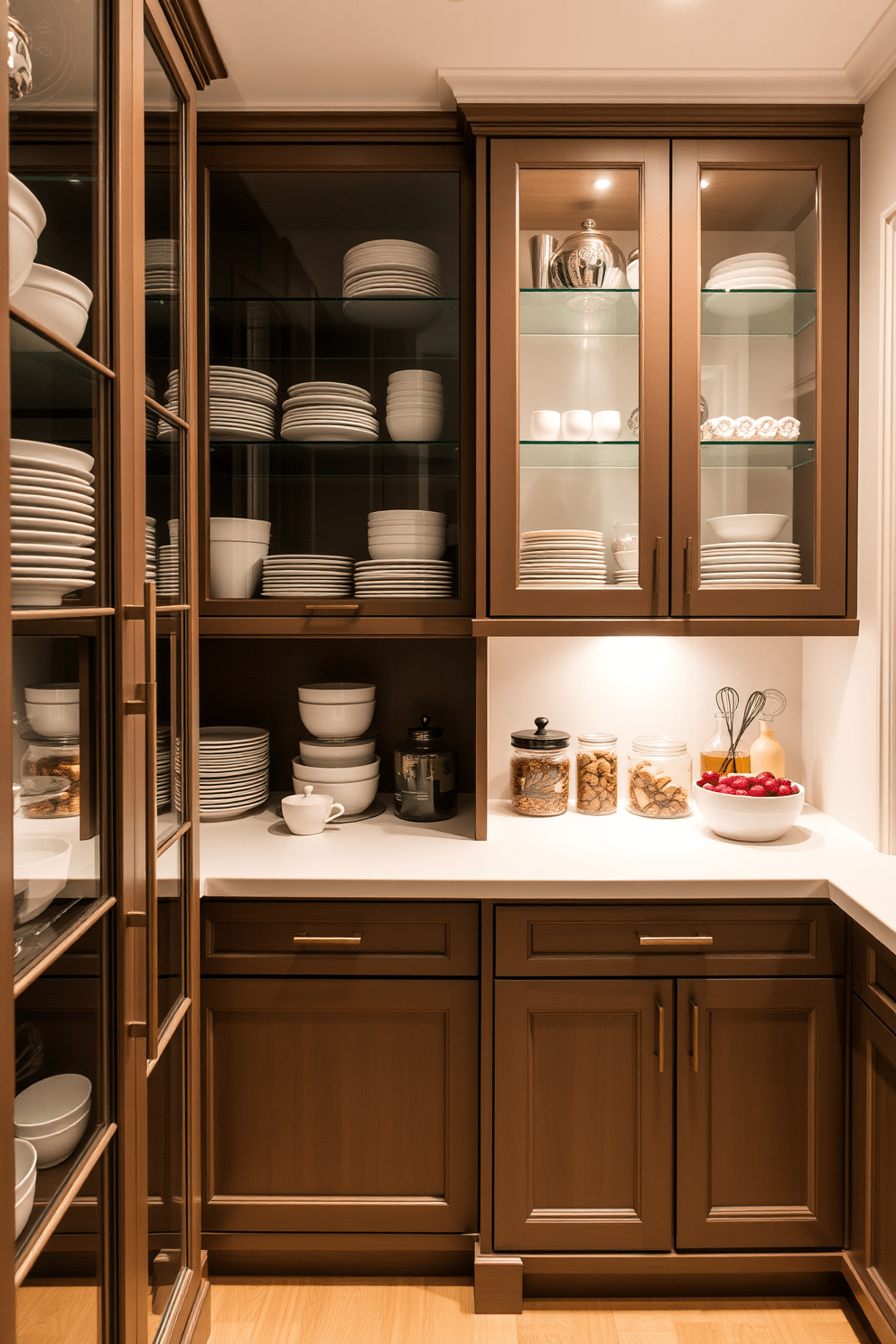 A stylish townhouse pantry featuring glass-front cabinets that showcase neatly arranged dishware and pantry essentials. The cabinetry is complemented by a sleek countertop, and soft ambient lighting highlights the contents while creating a warm and inviting atmosphere.