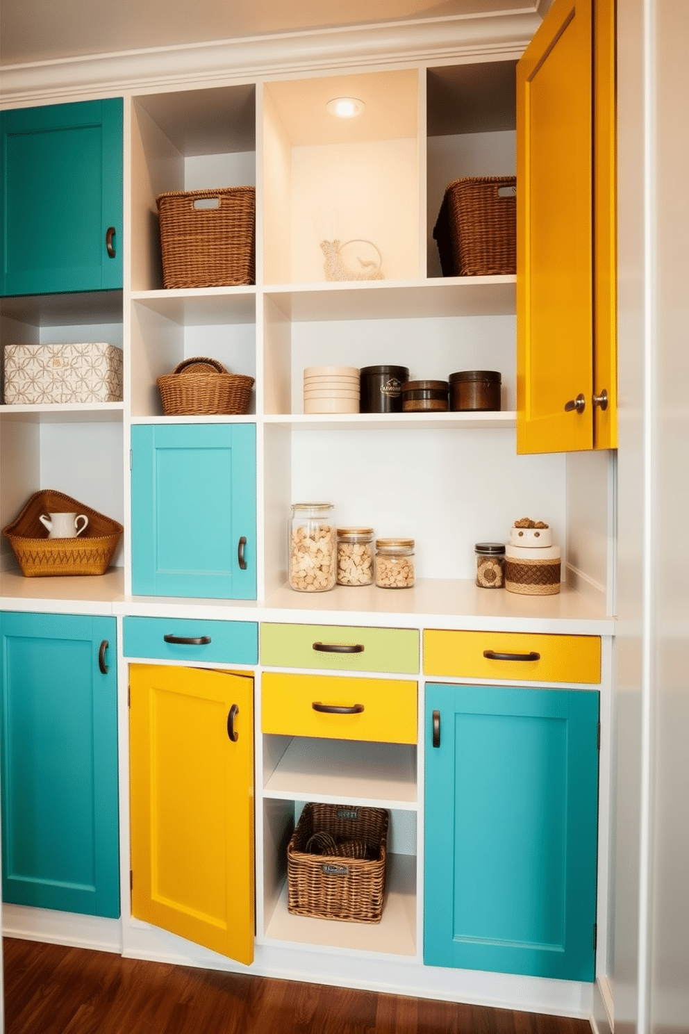 A vibrant pantry featuring colorful doors that add a cheerful pop to the space. The cabinetry is designed in a modern style, with a mix of open shelving and closed storage for a functional yet stylish look. Brightly painted doors in shades of teal and mustard contrast with the neutral walls, creating an inviting atmosphere. Decorative baskets and jars are neatly arranged on the shelves, showcasing an organized and aesthetically pleasing pantry.