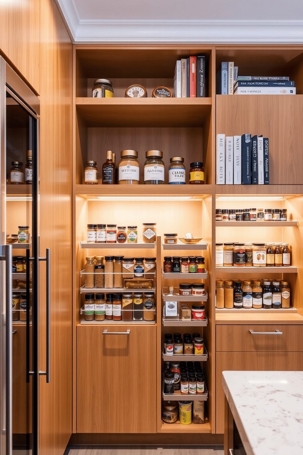 A modern townhouse pantry featuring built-in spice racks for optimal organization. The sleek, custom cabinetry showcases an array of neatly arranged spice jars, while a warm wood finish adds a touch of elegance to the space. The pantry is illuminated by soft under-cabinet lighting, highlighting the functionality and beauty of the design. Open shelving above the spice racks displays decorative jars and cookbooks, creating a welcoming and stylish atmosphere.