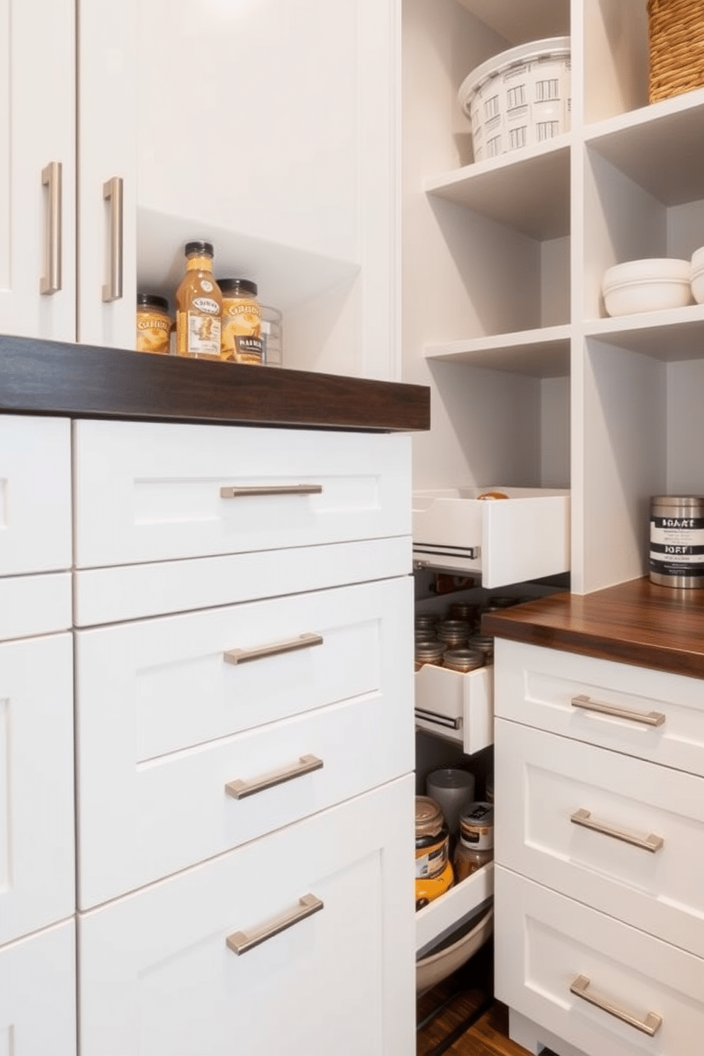 A modern townhouse pantry featuring pull-out drawers for convenient access, allowing for easy organization of food and kitchen essentials. The cabinetry is a sleek white with brushed nickel handles, complemented by a dark wood countertop that adds warmth to the space.