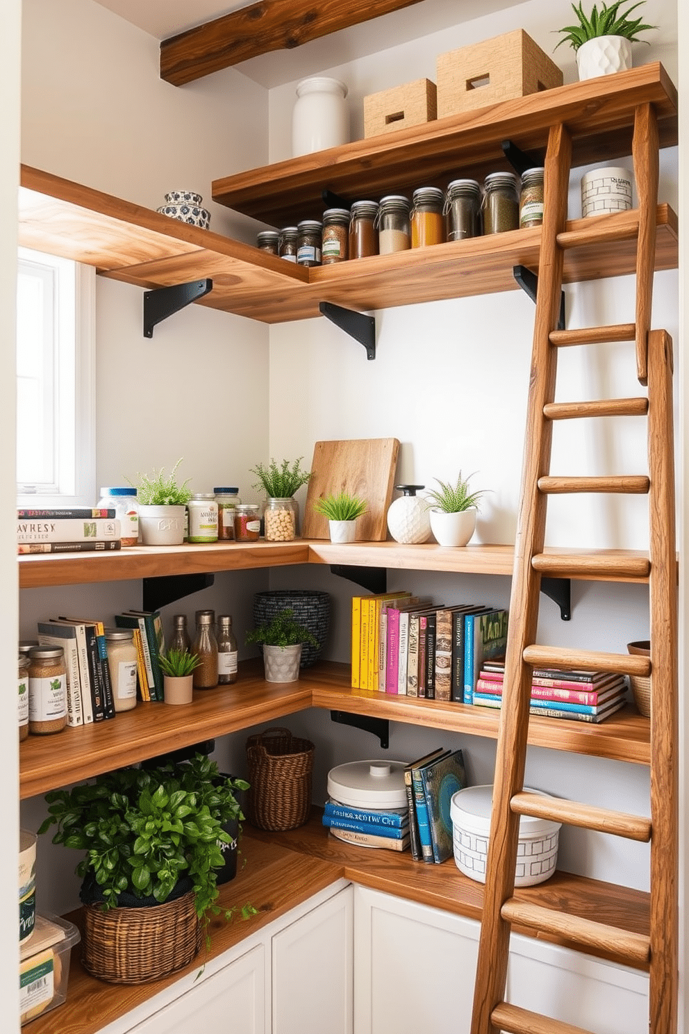 A stylish townhouse pantry featuring ladder-style shelves made of reclaimed wood, providing an open and airy feel. The shelves are adorned with neatly organized jars of spices, colorful cookbooks, and decorative plants, creating a trendy yet functional space. The pantry walls are painted in a soft white hue, enhancing the natural light that floods the room. A rustic wooden ladder leans against the shelves, adding a charming touch while providing easy access to the topmost items.