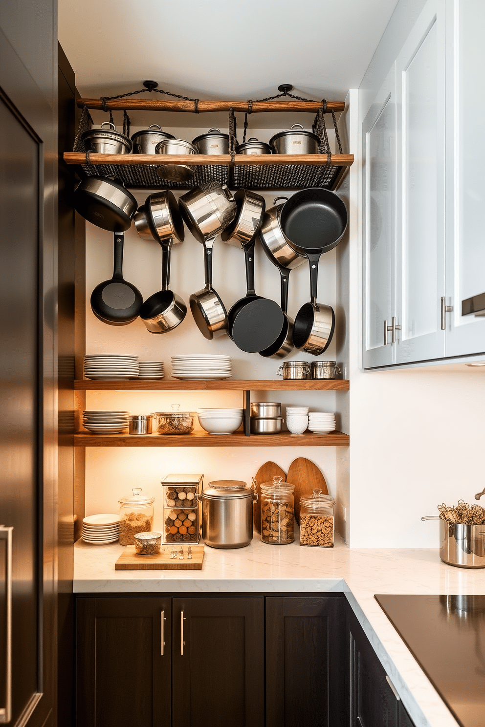 A stylish townhouse pantry features hanging pot racks that maximize vertical space while adding a touch of rustic charm. The racks are adorned with an assortment of pots and pans, creating an organized yet visually appealing display against the backdrop of sleek cabinetry. The pantry is designed with open shelving to showcase beautiful dishware and storage containers, enhancing both functionality and aesthetics. Soft, warm lighting illuminates the space, highlighting the rich textures of wood and metal throughout the design.