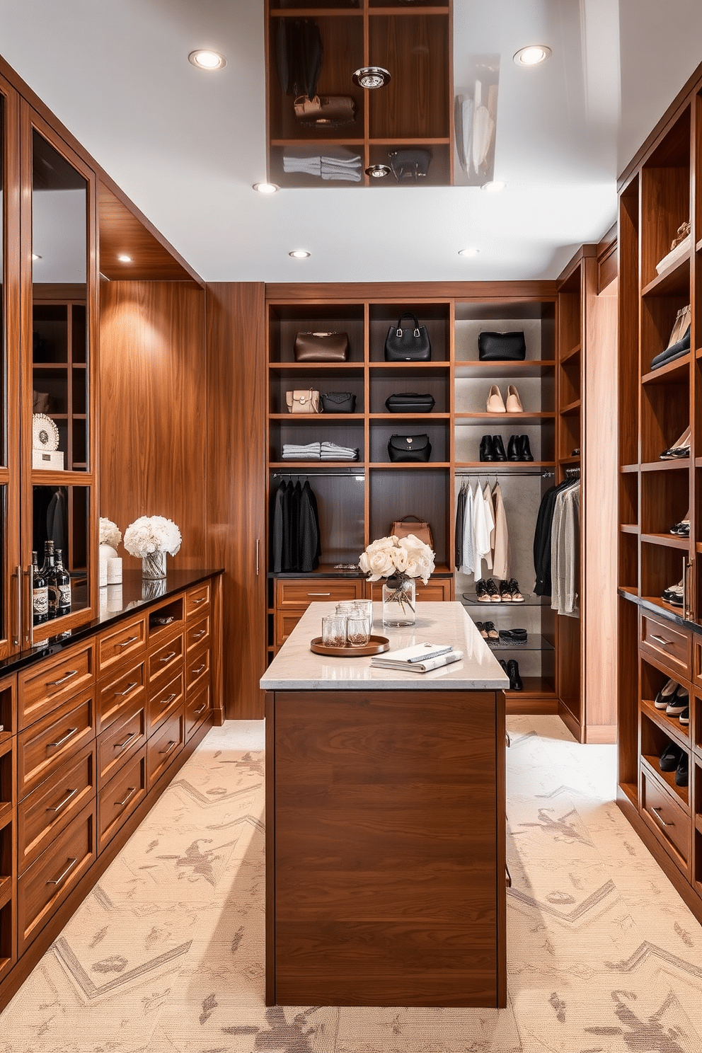 A spacious walk-in closet designed for a townhouse features a central island adorned with elegant accessories and neatly arranged shoes. The cabinetry is crafted from rich wood, with soft-close drawers and open shelving that displays a curated selection of handbags and footwear.