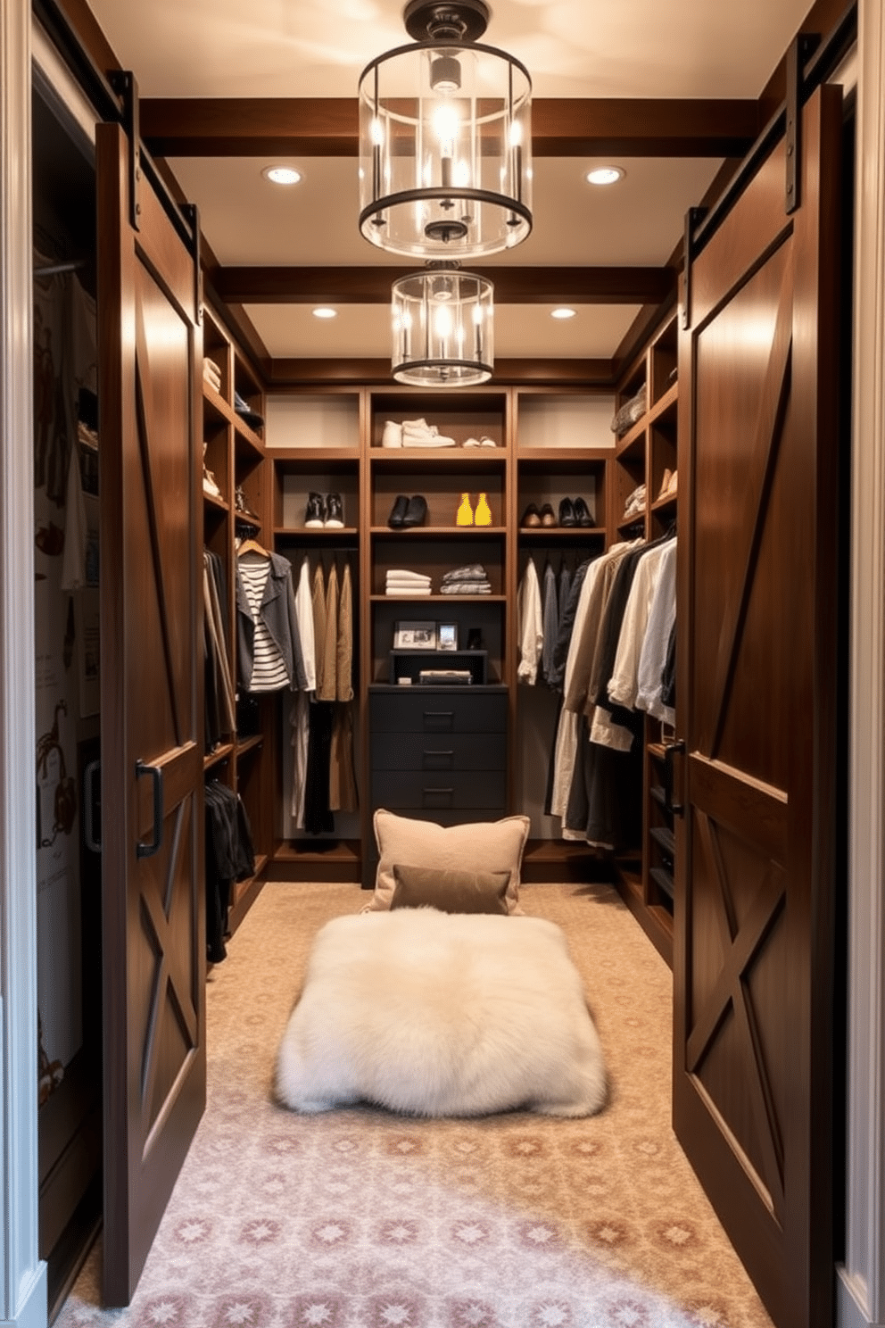 A stylish walk-in closet featuring sliding barn doors that add a touch of modern charm. The interior is organized with custom shelving, elegant lighting fixtures, and a plush seating area for comfort.