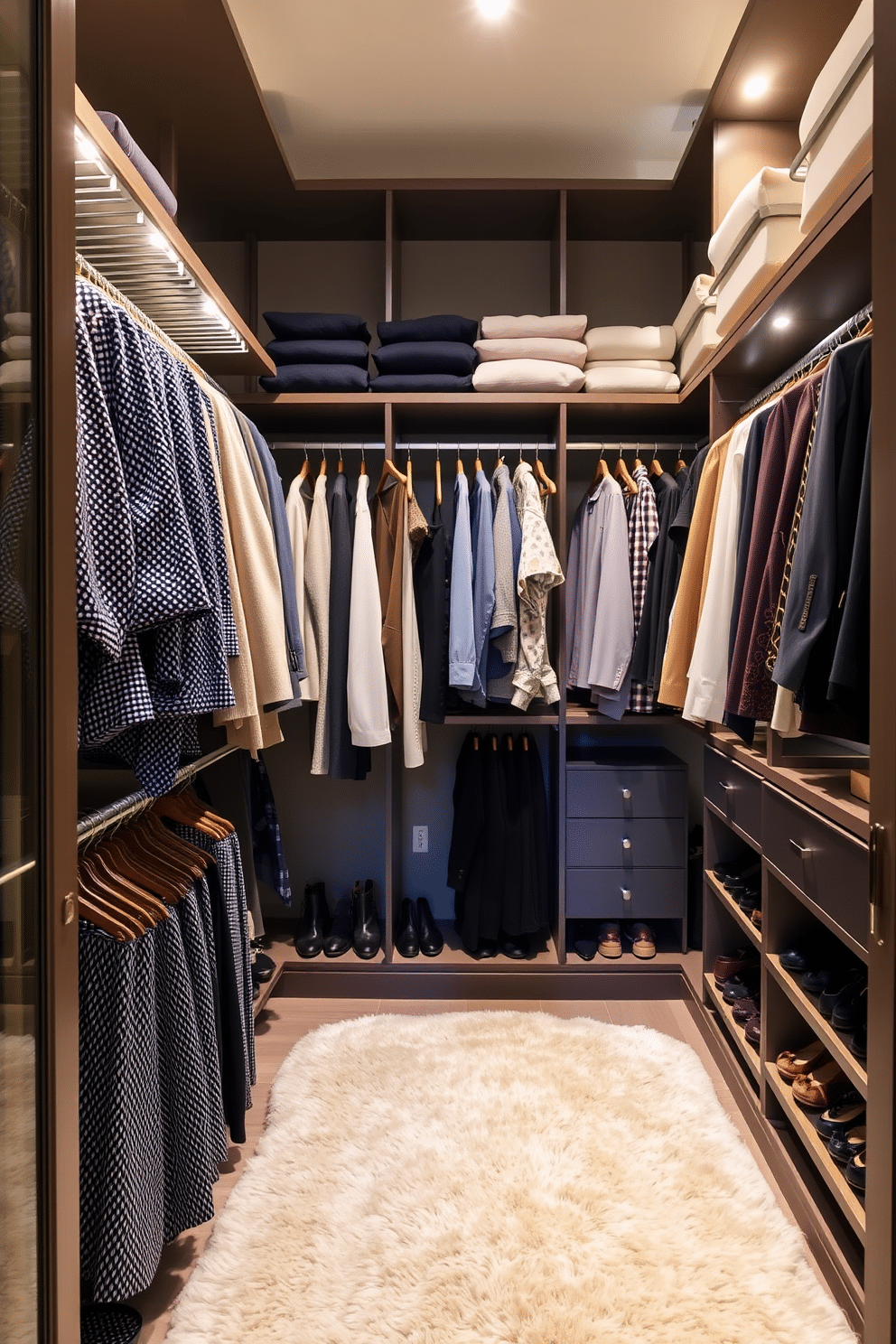 A luxurious townhouse walk-in closet featuring multi-tiered hanging rods for versatility. The design includes ample shelving and shoe racks, with soft lighting illuminating the space and a plush area rug underfoot.