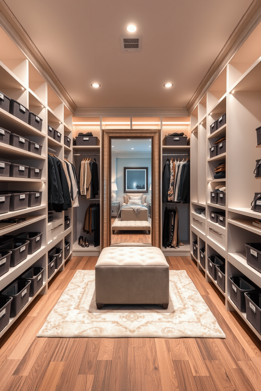 A stylish walk-in closet featuring labeled bins for easy organization, ensuring that every item has its designated space. The walls are lined with custom shelving, and the soft ambient lighting creates a warm and inviting atmosphere. In the center, a plush ottoman provides a comfortable seating area, while a full-length mirror reflects the elegant design. The floor is adorned with a chic area rug, adding a touch of luxury to this functional yet beautiful space.