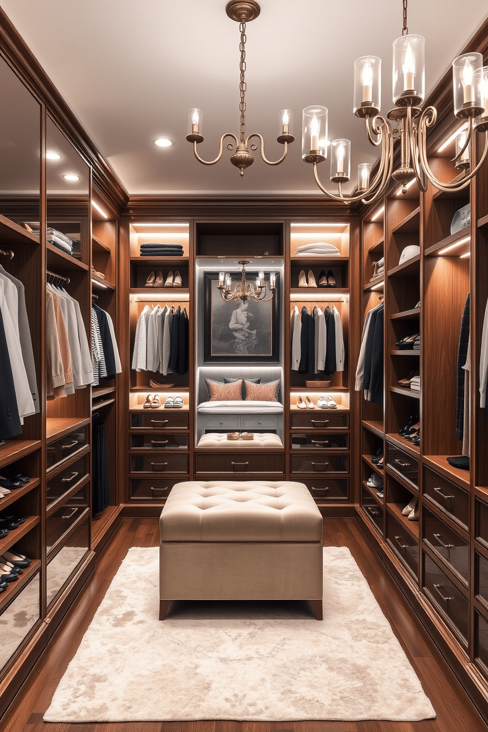 A luxurious townhouse walk-in closet featuring a full-length mirror that reflects the elegant design. The space is adorned with custom shelving and a plush ottoman, creating a sophisticated and functional area for clothing and accessories. Soft ambient lighting highlights the rich wood finishes and carefully curated shoe display. A chic area rug adds warmth, while a stylish chandelier completes the upscale look of this organized haven.