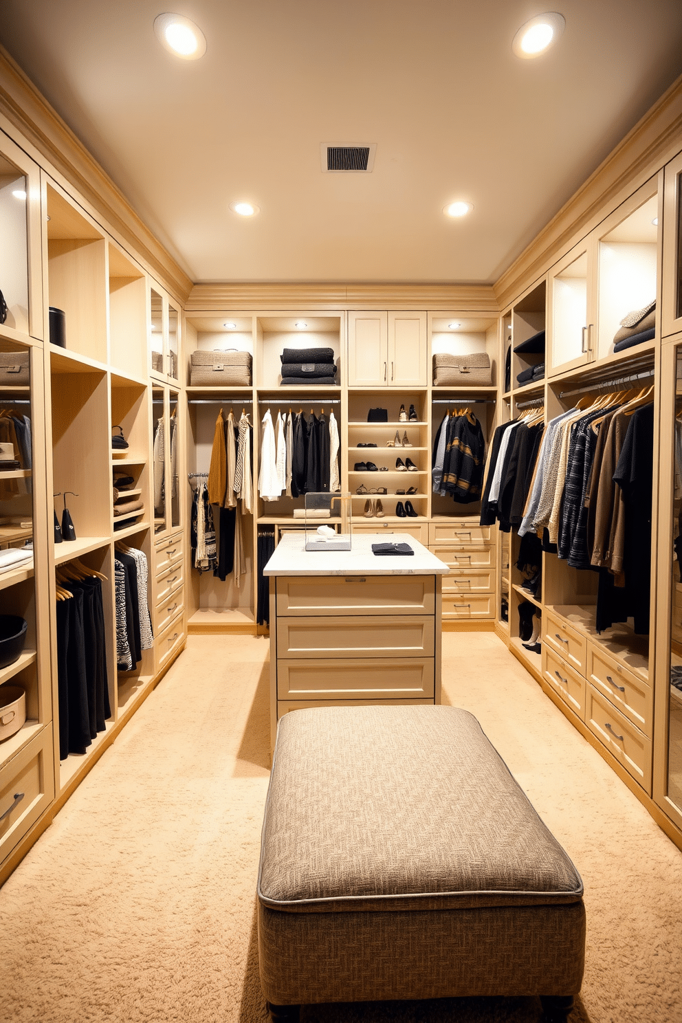 A spacious walk-in closet designed with a focus on organization and style. The walls are painted in soft beige, complemented by a plush cream carpet that adds warmth to the space. Custom shelving and hanging rods in a light wood finish provide ample storage for clothing and accessories. A central island features a marble top, offering a place to display jewelry and other personal items. Soft, ambient lighting illuminates the closet, enhancing the neutral palette and creating a serene atmosphere. A stylish ottoman in a muted gray sits in the center, inviting relaxation as you curate your outfits.