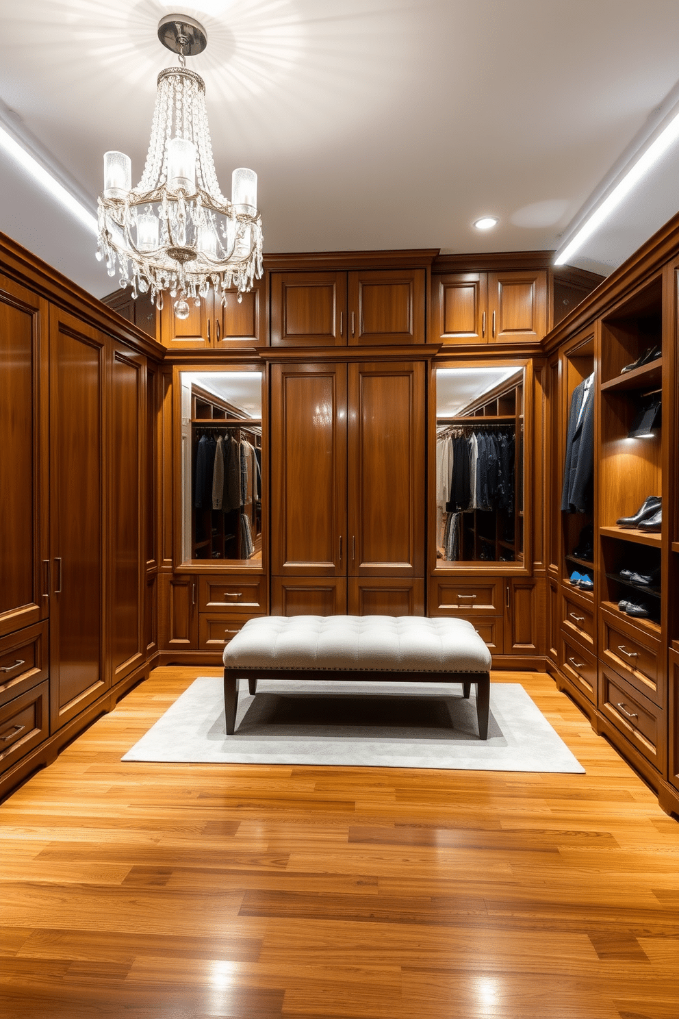 A luxurious walk-in closet designed for a townhouse features elegant wooden cabinetry with ample storage space. A plush bench is positioned in the center, providing a comfortable seating area, while soft ambient lighting enhances the rich textures of the fabrics and finishes. The closet is adorned with a chic chandelier that adds a touch of sophistication, complementing the mirrored accents on the cabinetry. The flooring is a polished hardwood, creating a warm and inviting atmosphere, while strategically placed shelves showcase designer shoes and accessories.