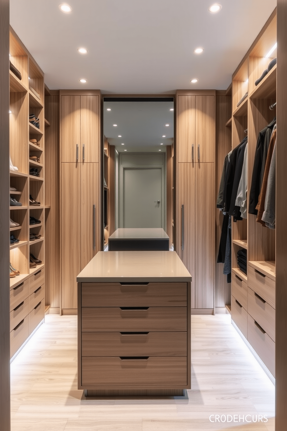 A modern townhouse walk-in closet featuring vertical storage solutions to maximize space. The design includes tall shelving units for shoes and accessories, while a sleek island in the center provides additional drawers for organization. Soft LED lighting illuminates the space, highlighting the custom cabinetry finished in a light wood tone. A full-length mirror is strategically placed, enhancing the sense of openness and functionality in the closet.