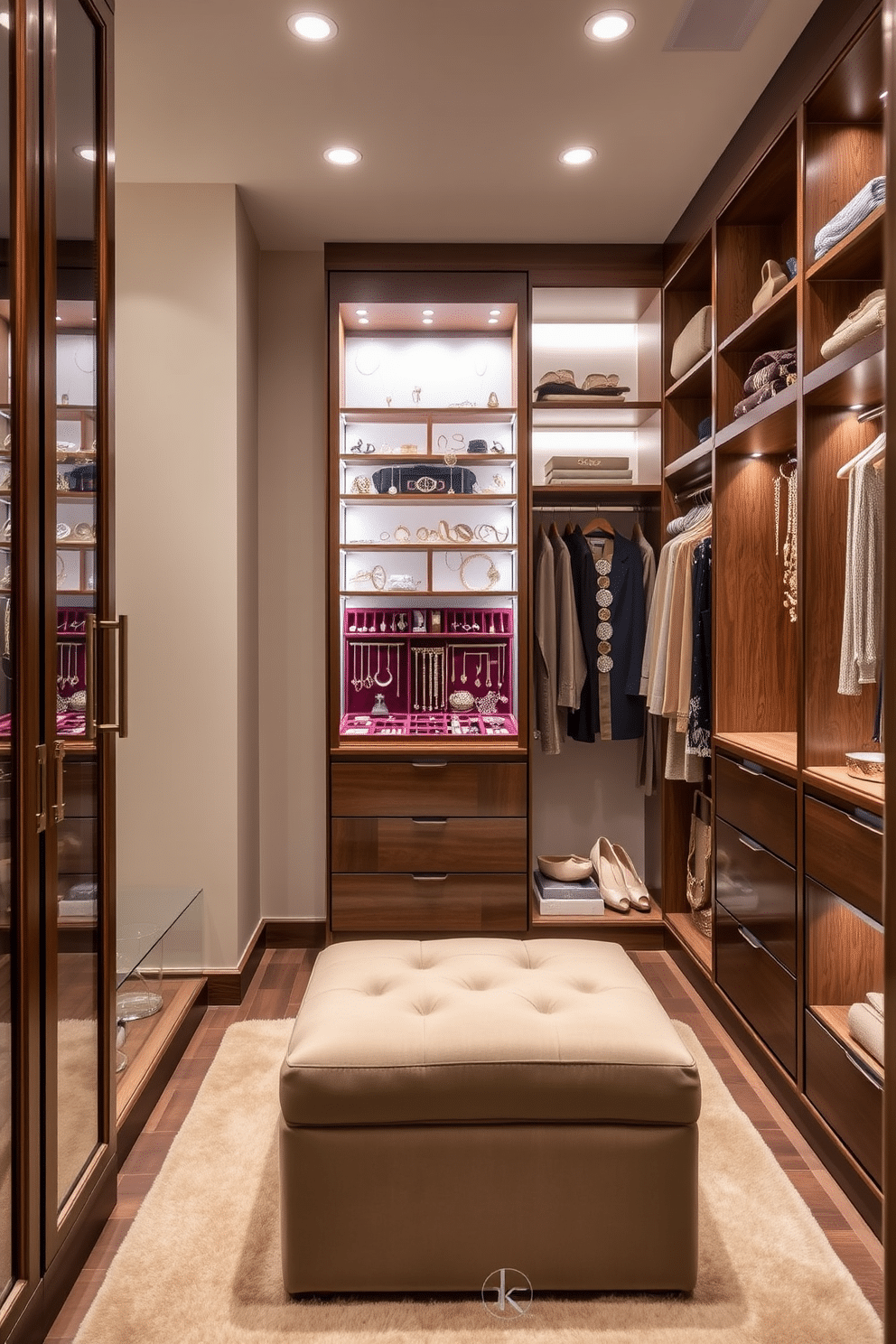 A luxurious townhouse walk-in closet features a dedicated jewelry display area, elegantly lit with soft, ambient lighting. The display includes a glass-fronted cabinet showcasing an array of necklaces, bracelets, and rings, meticulously organized on velvet-lined trays. The closet is designed with custom shelving and hanging space, finished in a rich walnut wood that complements the soft beige walls. A plush area rug in a neutral tone adds warmth, while a stylish ottoman provides seating for putting on shoes or accessorizing.