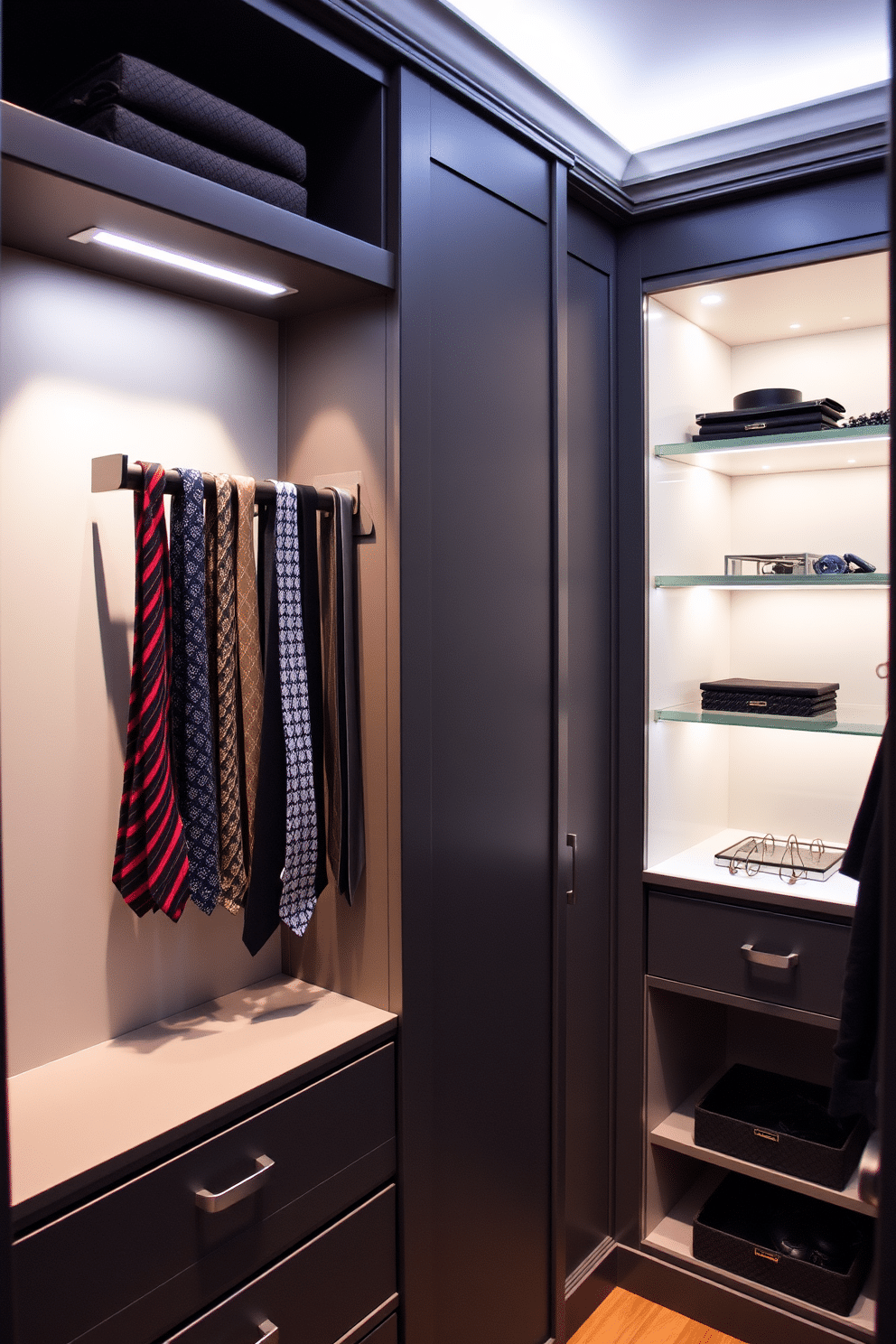 A luxurious townhouse walk-in closet featuring a sleek tie and belt rack elegantly mounted on the wall. The closet is spacious, with custom shelving and soft ambient lighting, creating an inviting atmosphere for organizing and displaying accessories.