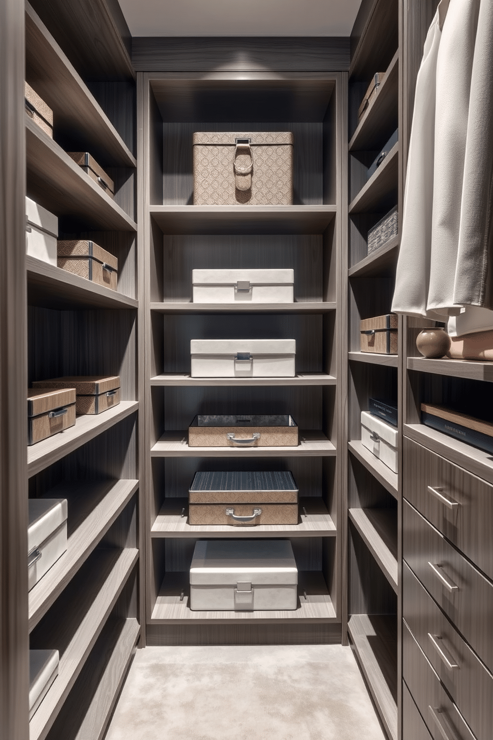 A luxurious townhouse walk-in closet features elegant decorative boxes arranged on sleek shelves, providing stylish storage solutions. Soft ambient lighting illuminates the space, highlighting the rich textures of the wood and the sophisticated color palette of muted grays and whites.