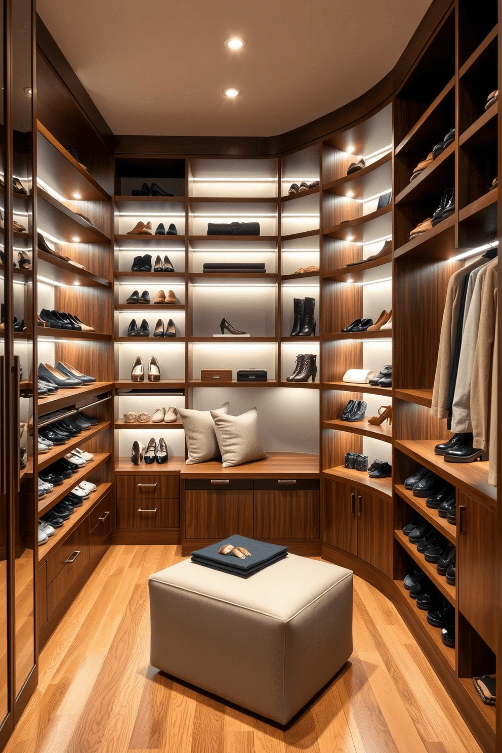 A stylish walk-in closet featuring built-in shelving that maximizes organized storage. The shelves are crafted from rich walnut wood, complemented by soft LED lighting that highlights the neatly arranged shoes and accessories. A cozy seating area is nestled in one corner, adorned with plush cushions and a chic ottoman. The walls are painted in a soft beige, creating a warm and inviting atmosphere while the floor is finished with elegant hardwood.